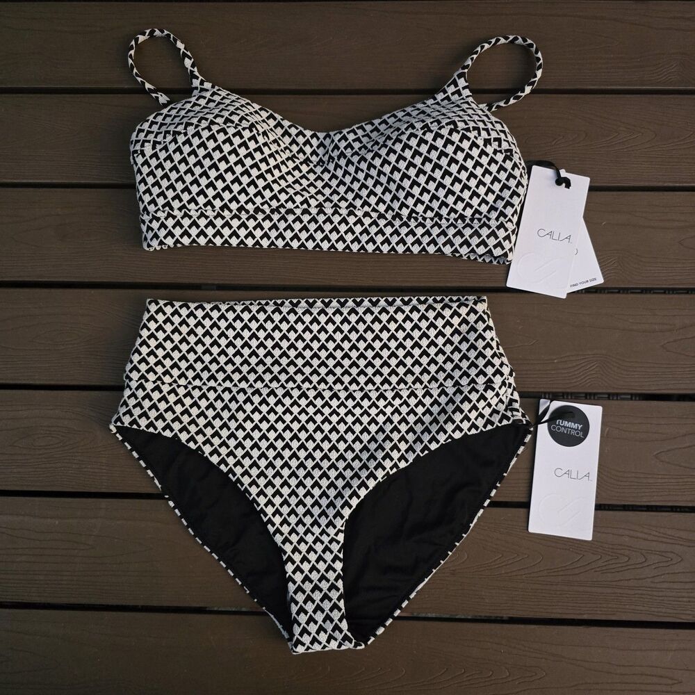 CALIA Women's Black Jacquard Bikini Top & Wide Band High Rise Bikini Sz M New